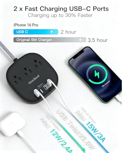 Image of 10 Ft Long Extension Cord, Cruise Ship Travel Essentials, 22.5W /4.5A Flat Plug Power Strip with 3 Outlets 4 USB Ports (2 USB C), 10ft Black Power Strip No Surge Protection, Desktop Charging Station
