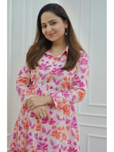 Greciilooks Women's Cotton Blend Floral Regular Fit Kurta Set (Gl-W1836_Pink&Orange_Xl)
