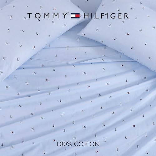 Image of Tommy Hilfiger - King Size Sheet Set, Soft Cotton Percale Bedding with Crisp Cooling Comfort, Deep Pocket Fitted Sheet with Matching Pillowcases, Americana Decor (Nautical Anchor Light Blue)