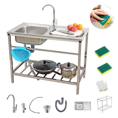 Fregadero De Cocina con Patas Exterior Jardin Mueble Fregadero De Acero Inoxidable Portatil Lavamanos Industriales con Grifo Estante Y Escurridor Pila De Lavar para Jardin Camping Garaje Comercial