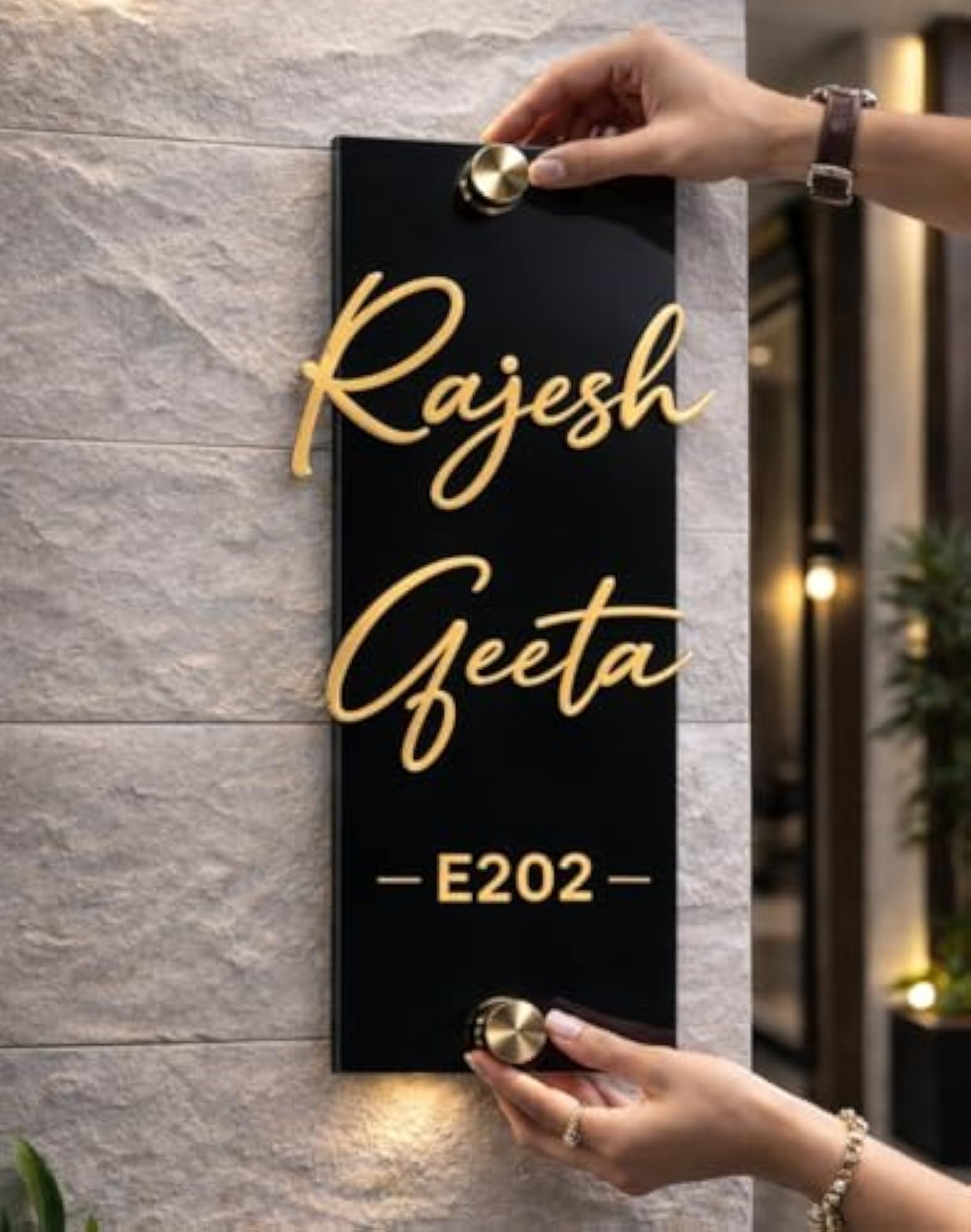 Acrylic Plate with 5mm Base & Golden Initials for Home Entrance