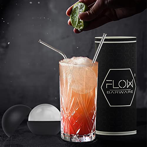 FLOW Barware Highball Glass Gift Set | 360ml Gin Glasses for Women, Men | Tall Glasses Set with Ice Ball Mould & Metal Straws | Gin & Tonic, Vodka & Coke, Mixer & Long Cocktails