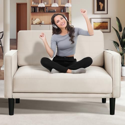45″ Beige Comfy Loveseat Sofa for Small Spaces, Small Sofa with Removable Washable Cover, High Density Foam Cushions, Solid Wood Frame, Ideal for Apartments, Easy to Assemble