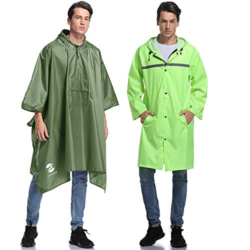 1 Pull-on Rain Poncho with 1 Long Rain Jacket Coat (Green Bundle)