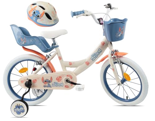 Disney Vélo 14'' Fille Licence Stitch de livré avec Son Casque - 2 Freins Caliper - Pneus Gonflables - Panier Avant - Porte-poupée arrière - Garde-Boue - 2 Stabilisateurs