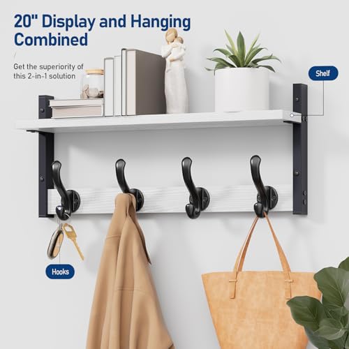 Image of Tatub 20 inch Rustic Coat Rack Wall Mount with Shelf, Wall Hooks with Shelf, Heavy Duty Entryway Organizer Hangers for Hanging, Hat, Bag, Jacket for Bathroom, Living Room, Bedroom, White