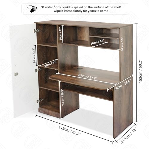 Image of ABOUT SPACE Study Table with Hutch & Cabinet - Computer Table with Top Bottom Storage DIY Engineered Wood Office Desk with Adjustable Shelves Cable Management (Walnut, White - L 119 x B 60 x H 153cm)
