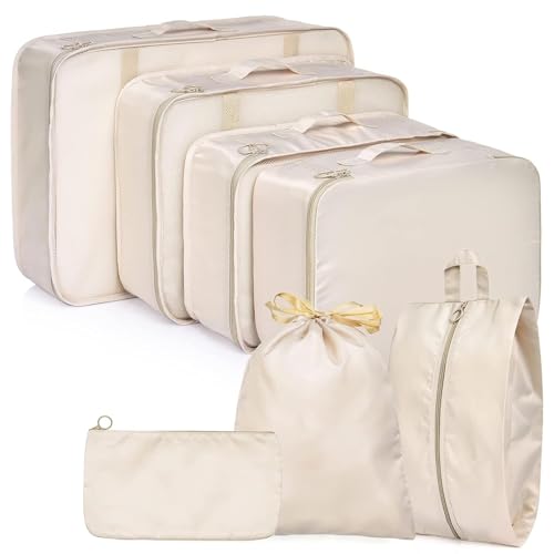 Image of 7 Pcs Foldable Luggage and Laundry Bag Pouch Waterproof Travel Toiletry Organizer Garment Storage Bag Portable Packing Cubes Storage Bag (1 Pc) (Grey) (BEIGE)