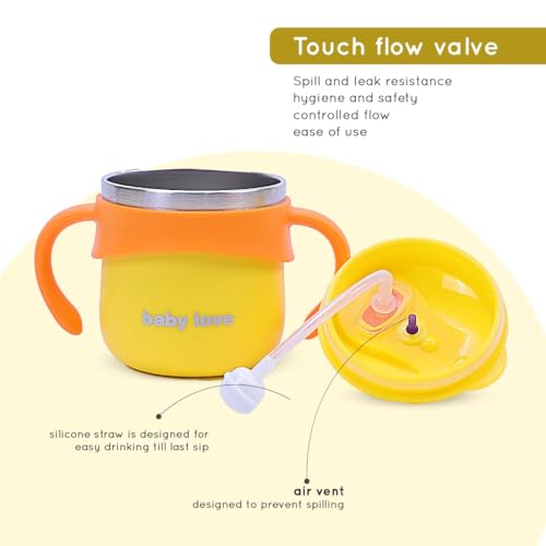 Image of Stainless Steel Baby Sipper Bottle for Kids - 260 ml | Leakproof Sippy Cup with Straw | Travelling Water Bottle for Kids (Yellow)