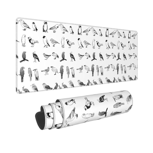 Tapis de souris de jeu étanche et antidérapant XXL motif oiseaux noir et blanc