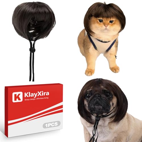 KlayXira 1 Pack Adjustable Dog Wig for Small Medium Large Dogs and Cats Funny Pet Costume Accessory with DIY Trimmable Hair for Photo Shoots Black Brown