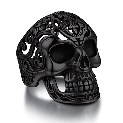 Bandmax Black Skull Ring for Women Men Black Sugar Skull Ring Biker Statement Ring Size 7 Devil Ring Gothic Punk Skeleton Jewelry for Halloween