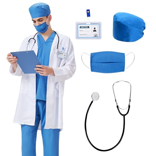 Charmofun Costume da Chirurgo per Adulto, Costume da Medico Chirurgo, Costume di Carnevale Medico Chirurgo, Camice da Medico per Adulto con Stetoscopio Tessera da Medico per Carnevale Fasching (L)