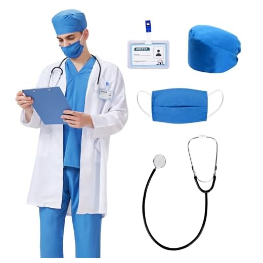 Charmofun Disfraz de Médico para Adulto, Disfraz de Doctor Cirujano Carnaval, Disfraces de Medico Cirujano, Bata de Médico Doctor Adulto con Estetoscopio y Carné de Doctor para Carnaval Fasching (2XL)