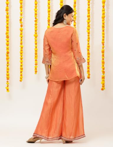 Image of Vbuyz Women Floral Embroidery Stylish A-Line Fandy Silk Kurta With Palazzo