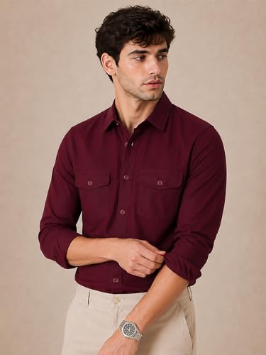 Image of Veirdo Men's Pure Cotton Utility Shirt | Full Sleeve Casual Button-Down with Dual Chest Pockets | Stylish & Comfortable Everyday Wear | Colors: Beige, Black, Maroon, Olive, Rust & White