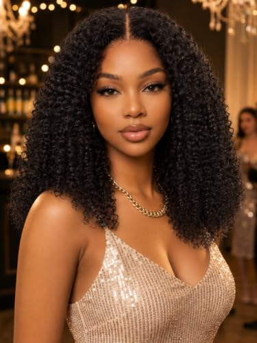 Image of KLAIYI Bye Bye Slip 4C Kinky Curly Glueless Precut 7x5 Lace Front Wigs Human Hair with Curly Edges Drawstring Pre Plucked Bleached Knots Pre Everything 30S Ready to Put On and Go Beginners Wig 16Inch