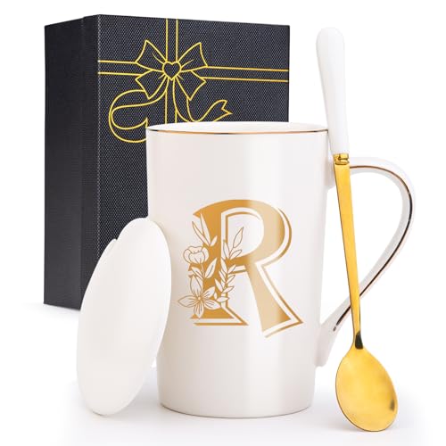 Letter R Personalized Initial Mugs with Flower, Letter R Personalized Coffee Mug,...
