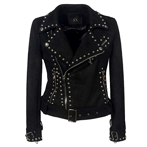 Fashion SX Womens Suede Leather Jackets Long Sleeve Oblique Zipper Short Moto Biker Coat (S, Snake Black)