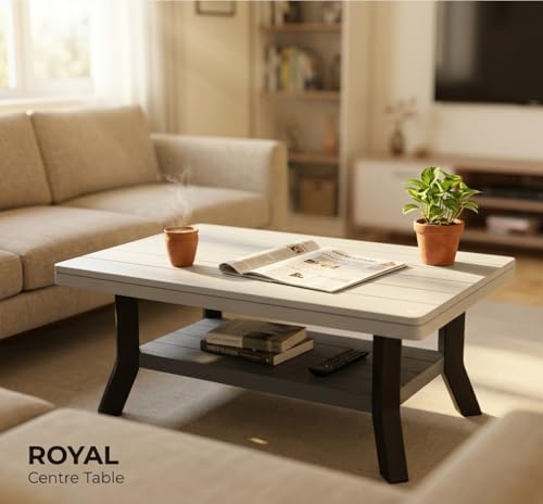 Image of Raj Furniture Royal Plastic Centre Table for Living Room | 82.5x52.5cm | 80kg Capacity | Built-in Storage Shelf | UV Weather Resistant | Home Balcony Garden Office Outdoor | (1 Pc, Grey, Medium)