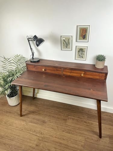 Image of Mid-Century Modern Writing Desk, Solid Wood, 2 Drawers with Brass Knobs, Walnut Brown