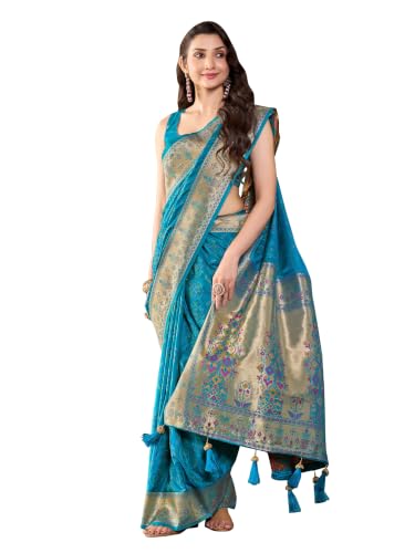 MANOHARI Teal Blue Patola Satin Silk Saree with Woven Zari Border & Tassels_MN2176