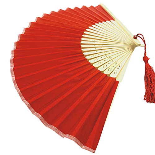 Image of Fabric Handheld Folding Hand Fan With a Tassel Grade A Bamboo Ribs for Women Girls Summer Party Event Favor Birthday Wedding Souvenir Gift (Red)