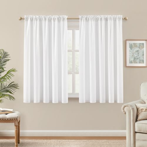 HOMEIDEAS Non-See-Through White Privacy Sheer Curtains 54 Inches Long 2 Panels Set Semi Sheer Light Filtering Curtains for Living Room Bedroom Drapes,W52xL54