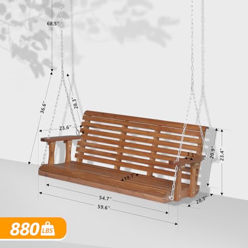 Image of VINGLI 5 FT Outdoor Porch Swing, Upgraded XL Size Seat Depth & Back Height Wooden Patio Swing, Heavy Duty 880 LBS Front Hanging Swing for Yard, Tree, Balcony (Brown)