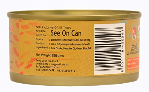 Image of Oceans Secret Tuna Chunks in Sunflower Oil with GingerSlice 180gm Pack of 1 Canned Tuna Fish | High Protein | Zesty Ginger Flavor | in Sunflower Oil with Ginger Slice | Ready to Eat