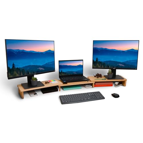 glückshafen Soporte estable para monitor de bambú, altura ajustable de 90 a 128 cm, elevador de monitor para hasta 3 dispositivos, organizador de escritorio de alta calidad para oficina en casa,
