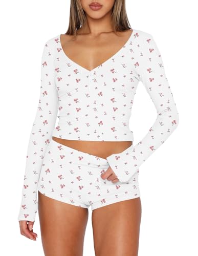 Ezbelle Lounge Set Women's V Neck Pajama Sets Ribbed Knit Button Down Shirt Long Sleeve 2 Piece Outfit Shorts Floral Graphic