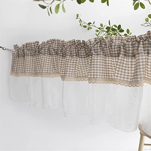 Cortina de cocina de lino a cuadros para ventanas rústicas con encaje 2