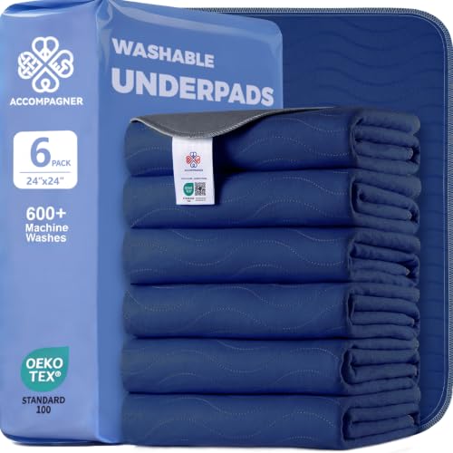 Image of Accompagner Incontinence Bed Pads Washable Waterproof, Ultra-Absorbent Reusable Underpads for Diaper Changing, Nursing, Bedridden, Adults, Seniors, Kids and Dogs (Navy, 24 inchx24 inch(Pack of 6))