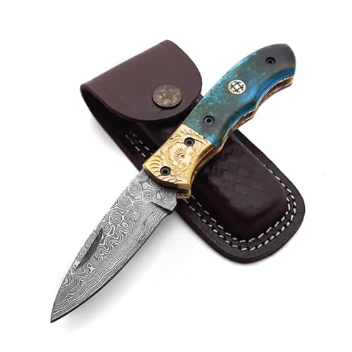 Handmade damascus steel blade folding knife. Blade length under 3 inches. Legal to carry.1644