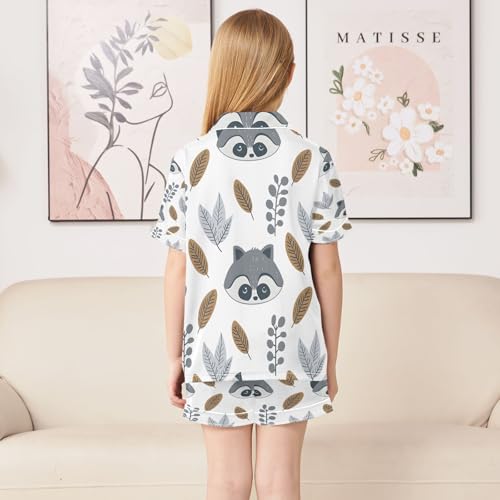 senya Pajama Sets Silky Button Down Nightwear Sleepwear Size 5-14 Years Little Raccoon Small Leaves4