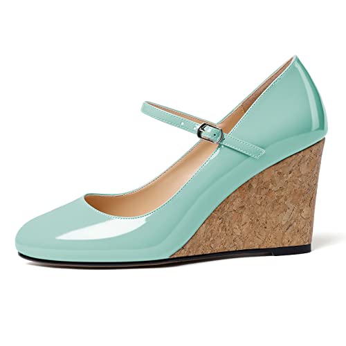 Mettesally Women's Wedge Heel Pumps Cork High Heels Round Closed Toe Mary Jane Strappy Party Office Shoes2