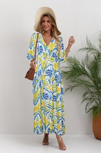 Image of Women Short Sleeve V Neck Floral Print Casual Bohemian Maxi Dresses