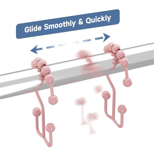 Titanker Shower Curtain Hooks Rings, Rust-Resistant Metal Double Glide Shower Hooks for Bathroom Shower Rods Curtains, Set of 12 Hooks - Light Pink