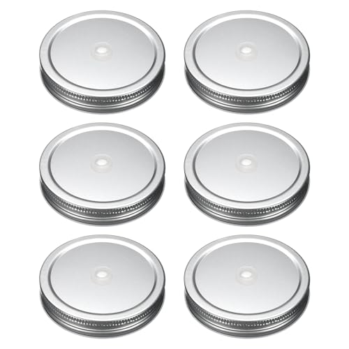 Image of HARFINGTON 6pcs Mason Jar Lids 3.43" Tinplate Regular Mouth Reusable Mason Canning Covers with Straw Hole for Storage Bottle Water Bottle and Jars, Silver