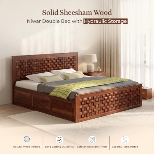 Image of WOODLAB Furniture Solid Sheesham Wood Niwar Queen Size Bed with Hydraulic Storage Wooden Double Bed Furniture Palang for Bedroom Living Room Home (Honey Finish)