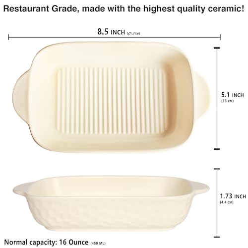 7" x 4.5" Rectangular Porcelain Baking Dish Set,Au Gratin Dishes,Casserole Dish, Ramekins 16 oz Bakeware Set of 2, Lasagna Pans for Cooking, Cake Dinner,Kitchen, Carry Handles Beige