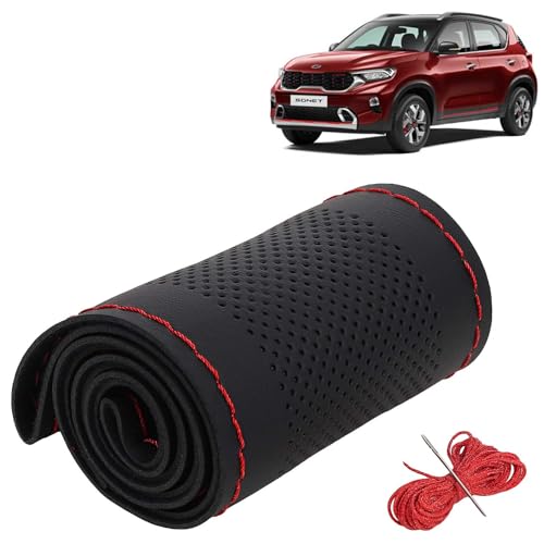 Image of KINGSWAY PU Leatherite Car Steering Cover Sewable Compatible with Kia Sonet (Year 2020 Onwards), Black Color with Red Thread, Pack of 1 with Sewing Needle and Thread