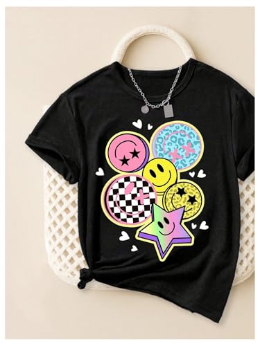 Image of Floerns Girl's Smiling Face Graphic Crew Neck T Shirt Short Sleeve Casual Cute Tee Top