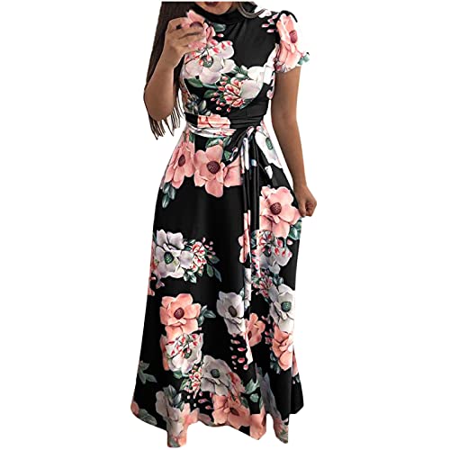 Summer Maxi Floral Dresses for Women, Fashion High Neck Casual Sexy Short Sleeve Flowy Long Dress for Wedding Guest