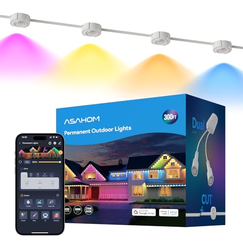 ASAHOM AI Permanent Outdoor Lights S107D, 200FT with 144 RGBCW LED Lights, 30,000 Lighting Effect, Controller with Dual Output, Extend to 800FT, Cuttable for House Outdoor Decor Daily Lighting, White