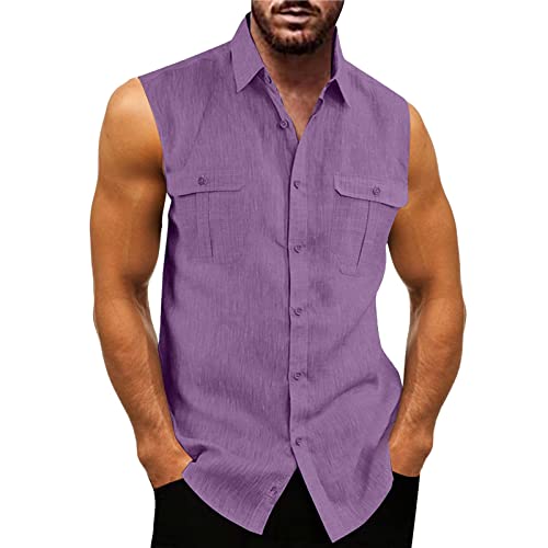 Camisas sin mangas con botones para hombre, de lino y algodón, para verano, playa, camisetas básicas con bolsillos delanteros, camisetas hippies de color sólido, ajuste regular, cuello vuelto, ropa