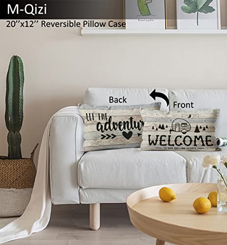 Welcome To Our Rolling Estate Decorative Doormat 17”X30”,Let The Adventure Begin Reversible Throw Pillowcase 12”X20”,2 Pieces Set(1 Pillow Cover 1 Doormat)Decor For Campsite Rv,Gift For Campers #TOP4