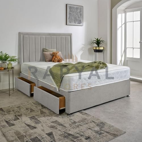 Divan Bed Superstore Cama diván de felpa de lujo + colchón de muelles de memoria + cabecero de 24 pulgadas (plateado, doble pequeño, sin cajones)