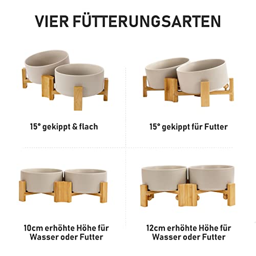 SPUNKYJUNKY Kippbarer Hundenapf Keramik Doppel Hund Futternapf mit Bambus Ständer 0° und 15° Neigungswinkel für Haustiere Katzen und Welpen Großes Gesicht Hund (850ml, Grau × 2)